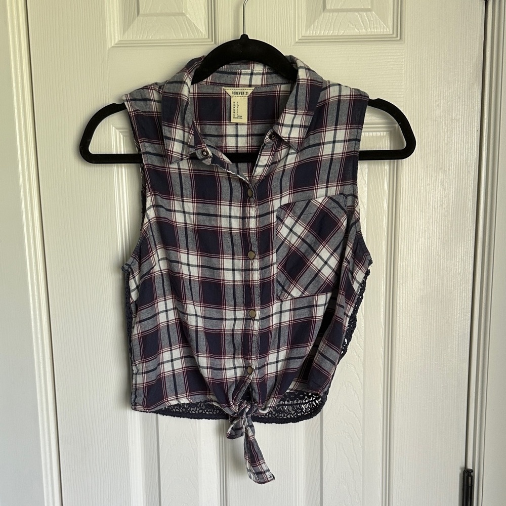 Forever 21 Navy and White Plaid Sleeveless Tie Top